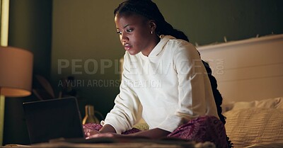 Buy stock photo Laptop, night and student black woman on bed in home for distance learning or remote education. Computer, evening research and notebook with college or university person learning in apartment bedroom