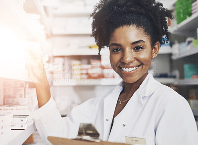 Buy stock photo Pharmacy, clipboard and portrait of happy woman at shelf for stock, customer order and antibiotic check. Female chemist, checklist and smile at inventory of medication, product information or storage