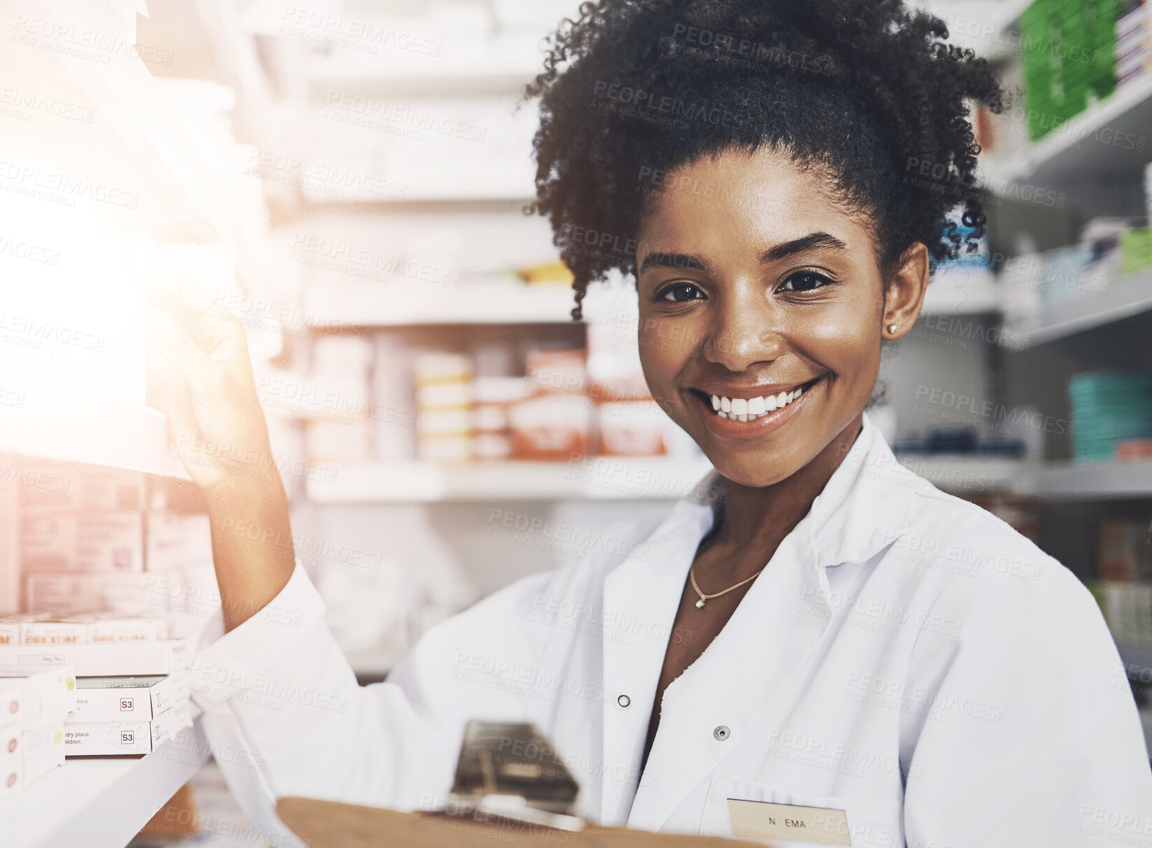 Buy stock photo Pharmacy, clipboard and portrait of happy woman at shelf for stock, customer order and antibiotic check. Female chemist, checklist and smile at inventory of medication, product information or storage