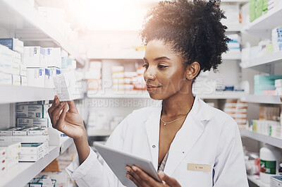 Buy stock photo Black woman, tablet and pharmacist check stock, storage or inventory of medicine product. Tech, pharmacy or medical worker with drugs for online prescription order, information or healthcare at store