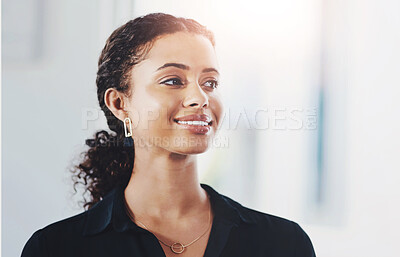 Buy stock photo Business, happy or woman thinking of justice in office for court case ideas, future or vision of fair legislation. Consultant, proud lawyer and confident attorney in legal firm for solution or rights