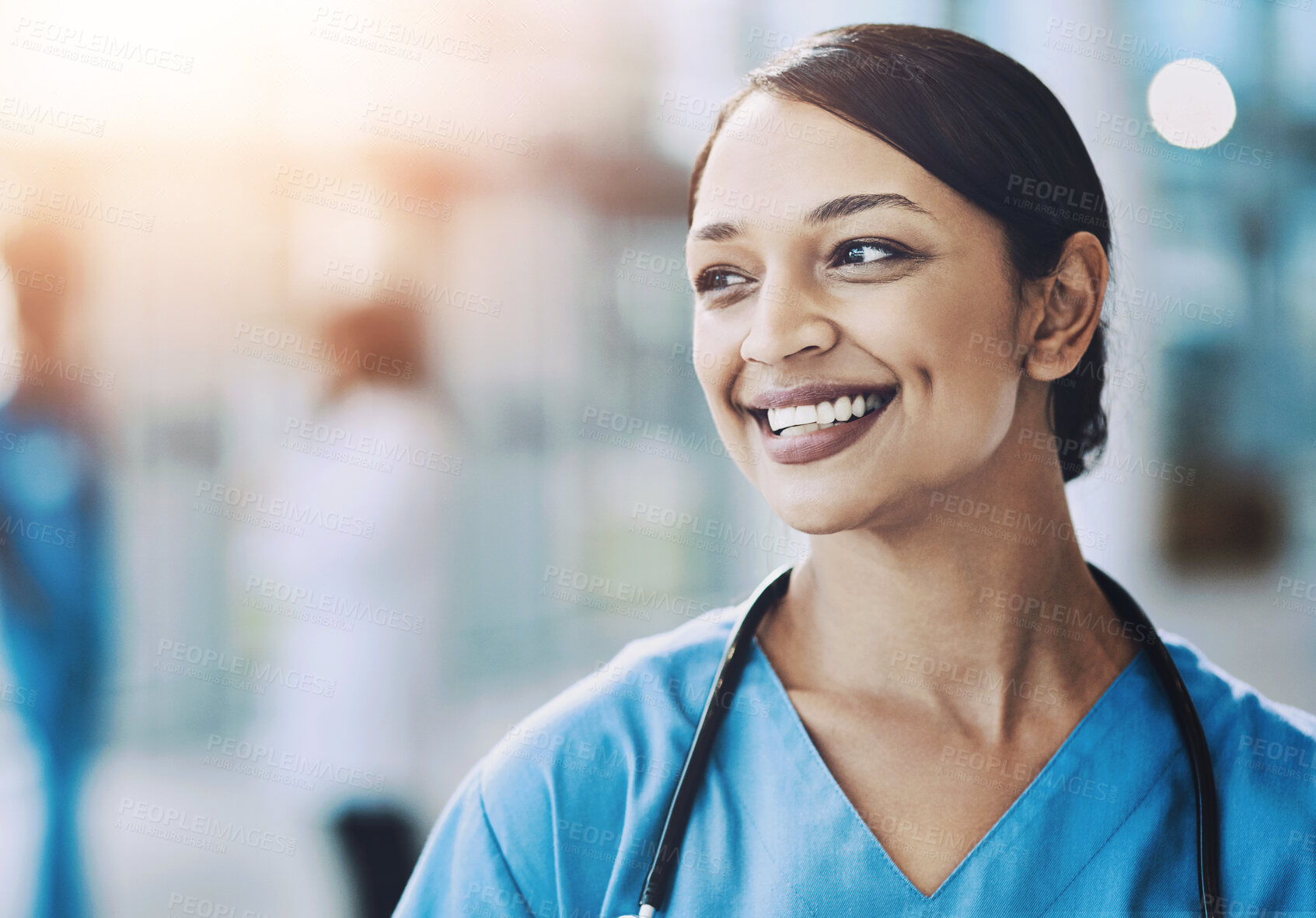 Buy stock photo Smile, woman and nurse in hospital for medical career with growth, positive and confident attitude. Happy, pride and professional female healthcare worker in nursing internship at clinic in Colombia.