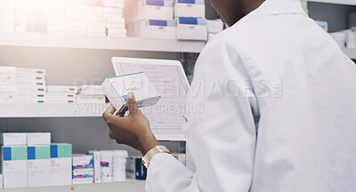 Buy stock photo Pharmacist, hands and tablet with medicine for prescription, checking healthcare inventory and stock checklist. Pharmacy, person and digital app for medical treatment and dispensary inspection