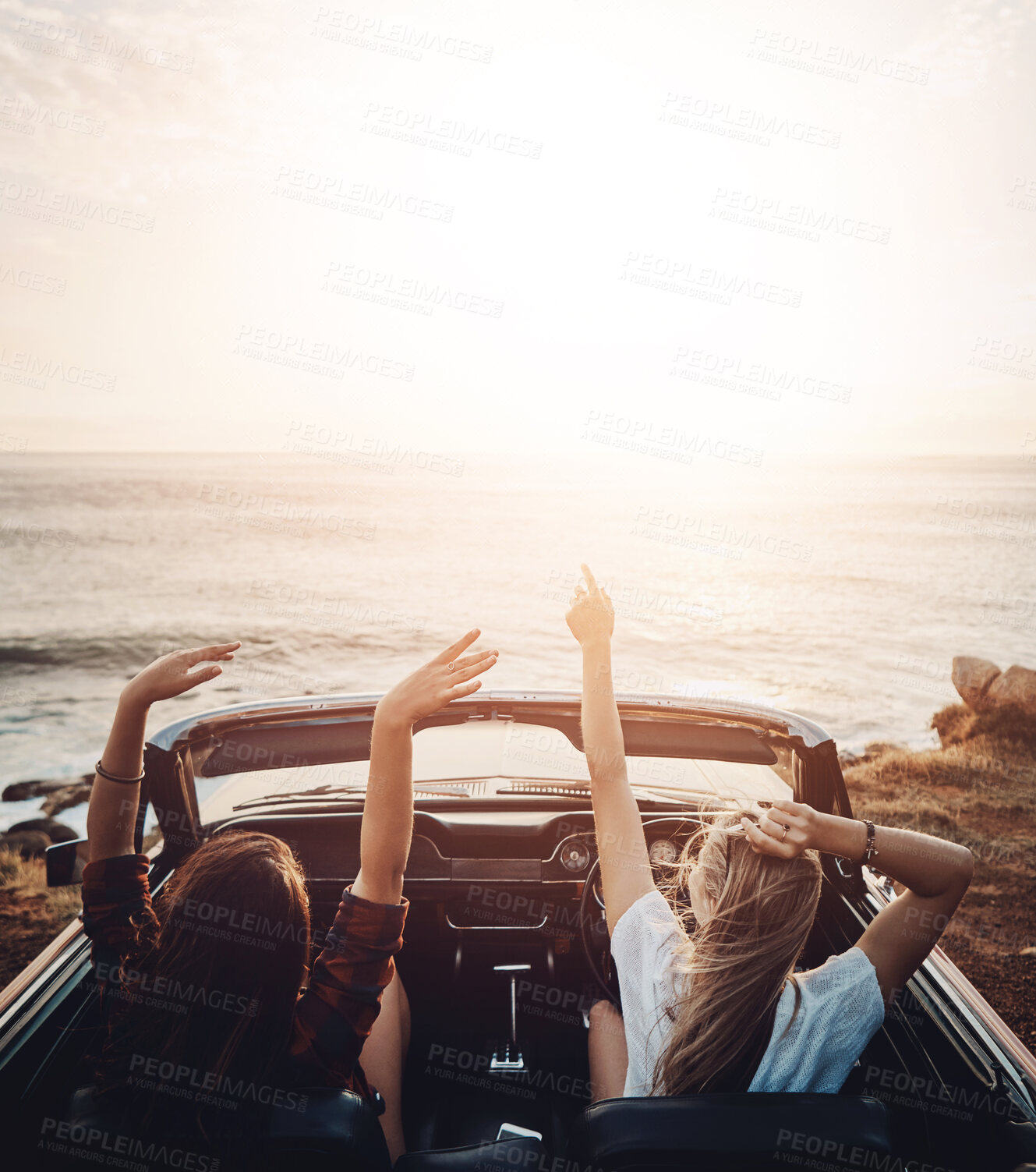 Buy stock photo Friends, woman and sunset in car at beach with freedom, scenery and travel adventure with mockup space. Road trip, people and convertible vehicle on coast at ocean for sightseeing and sunrise view