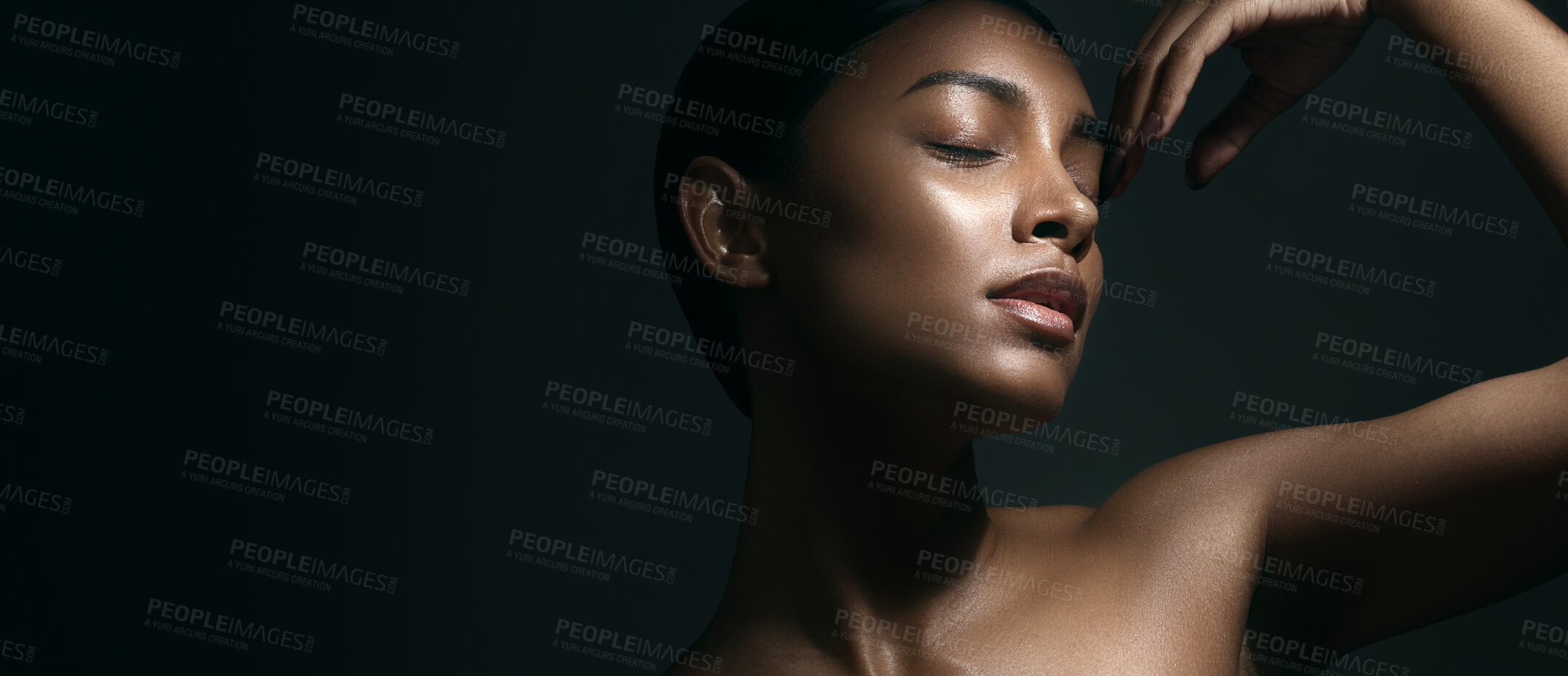 Buy stock photo Beauty, sensual and face of woman in studio for cosmetic, natural and dermatology treatment. Skincare, clean and young Indian female model with healthy glow skin moving isolated by gray background.