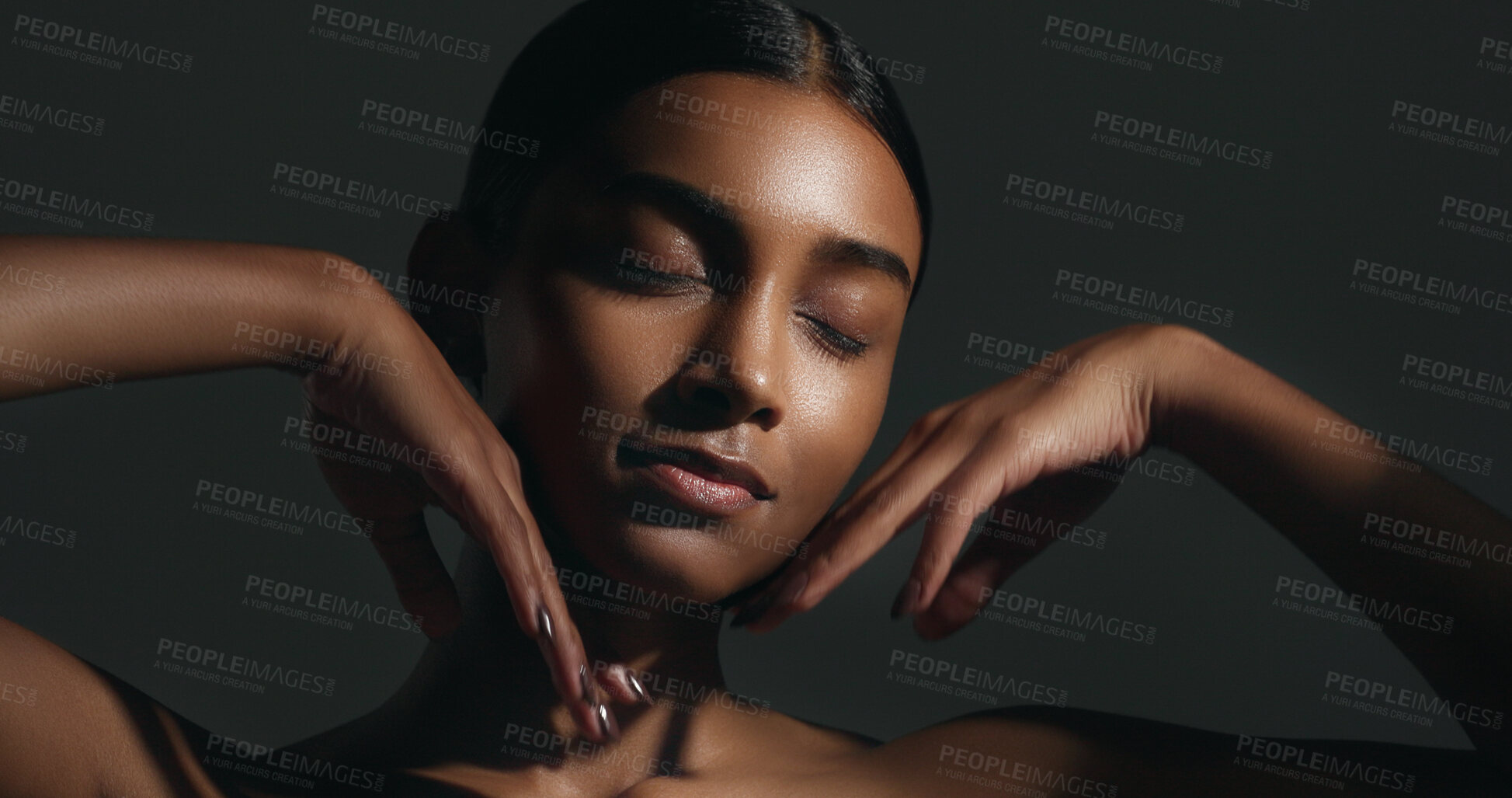 Buy stock photo Happy woman, relax and shower in skincare, natural beauty or hygiene against a grey studio background. Calm female person or model in satisfaction for cleaning, wash or body hydration in wellness