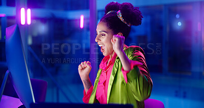 Businesswoman, night and online win on computer, promotion and salary increase or bonus in office. Female person, celebration and lottery success or dancing, neon light and competition giveaway