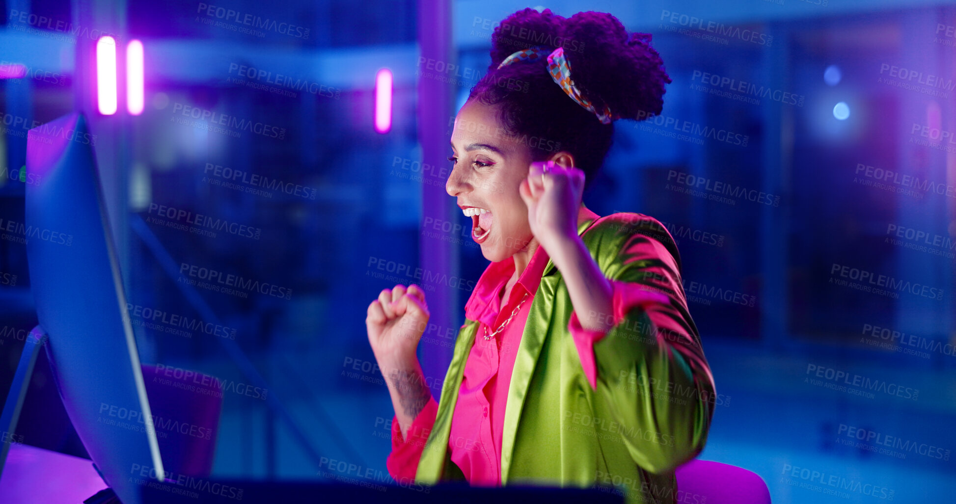 Buy stock photo Businesswoman, night and online win on computer, promotion and salary increase or bonus in office. Female person, celebration and lottery success or dancing, neon light and competition giveaway