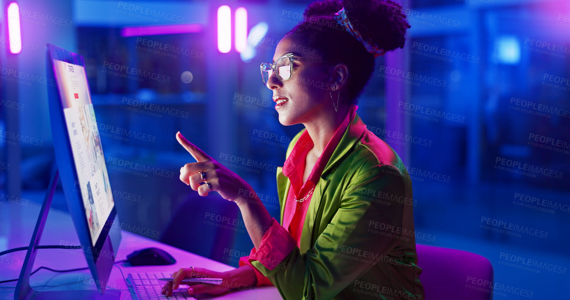 Buy stock photo Black woman, business and neon light in office and working on laptop to search or online for fashion idea. Female person, gen z and creative with pencil for designing or drawing and happy with result