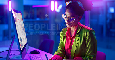 Neon, business and thinking with woman, computer and internet with brainstorming and online reading. Person, copywriter and web developer with pc and ideas with startup and technology with creativity