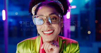 Buy stock photo Woman, night and happy in office with neon, tablet and glasses for reading, information technology or coding. Person, girl and developer with smile for programming, solution and creative for software