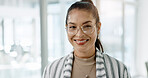 Business woman, face and office with a writer and a smile at creative agency ready for work. Portrait, happy and professional with glasses at a startup with writing career, confidence and job pride