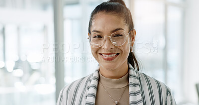 Business woman, face and office with a writer and a smile at creative agency ready for work. Portrait, happy and professional with glasses at a startup with writing career, confidence and job pride
