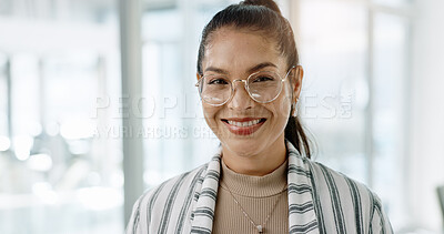 Buy stock photo Business woman, face and office with a writer and a smile at creative agency ready for work. Portrait, happy and professional with glasses at a startup with writing career, confidence and job pride