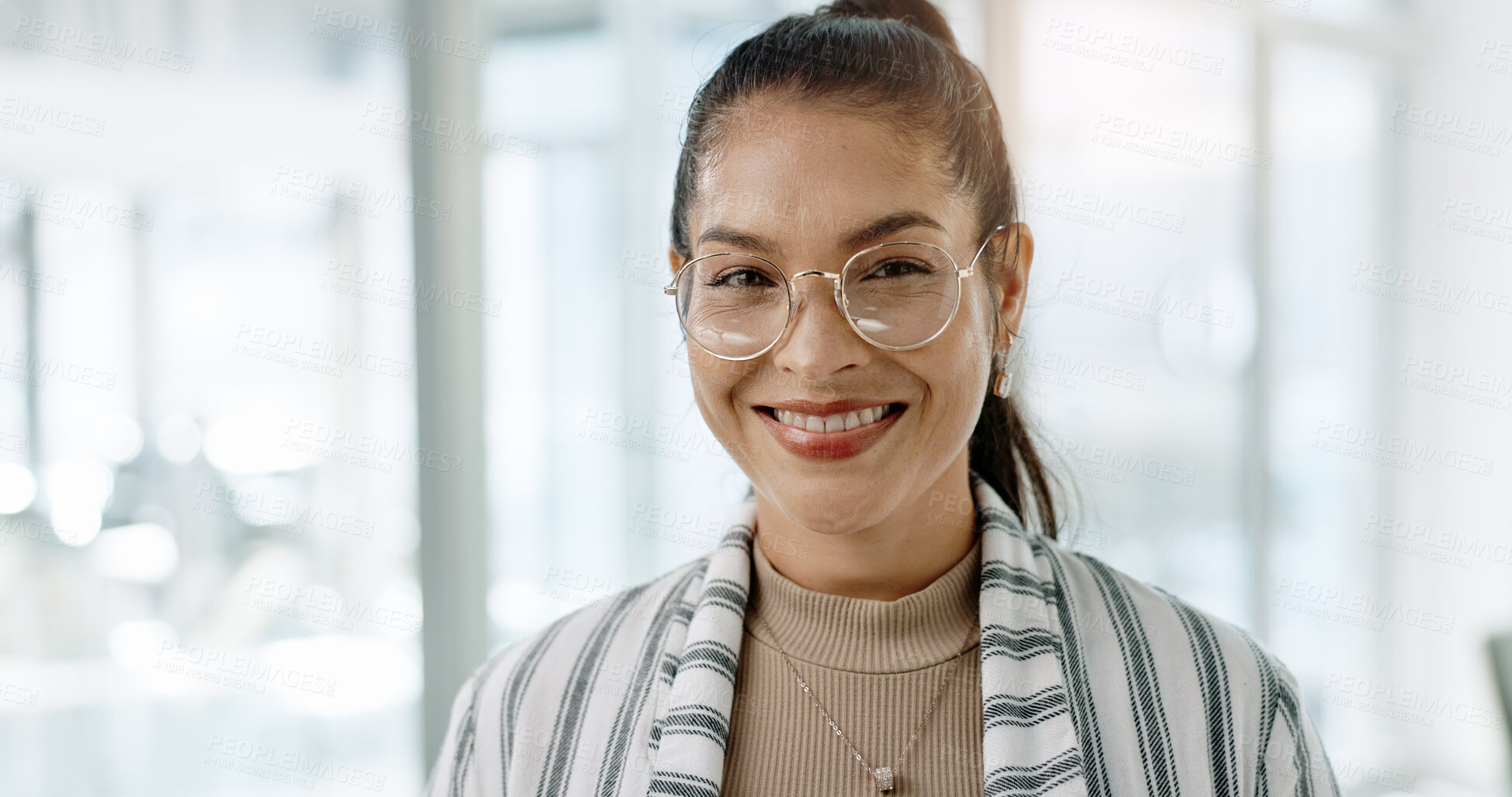 Buy stock photo Business woman, face and office with a writer and a smile at creative agency ready for work. Portrait, happy and professional with glasses at a startup with writing career, confidence and job pride