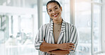 Business woman, face and arms crossed with a writer and smile at creative agency ready for work. Portrait, happy and professional with glasses at startup with writing career, confidence and pride