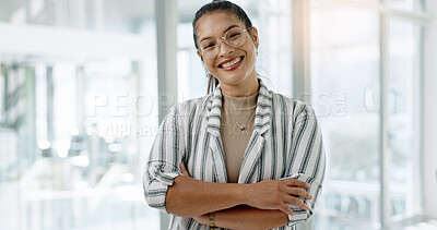 Business woman, face and arms crossed with a writer and smile at creative agency ready for work. Portrait, happy and professional with glasses at startup with writing career, confidence and pride