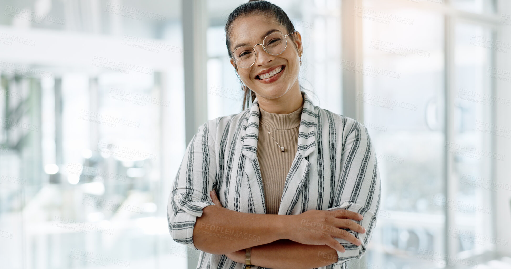 Buy stock photo Business woman, face and arms crossed with a writer and smile at creative agency ready for work. Portrait, happy and professional with glasses at startup with writing career, confidence and pride