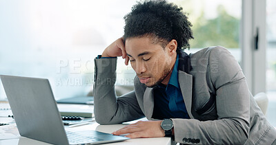 Tired, sleeping and business man on laptop with deadline, report and bad time management at office desk. Exhausted African worker, employee or lawyer with burnout, sleepy and stress on his computer