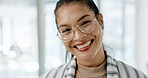 Business woman, face and office with a writer and a smile at creative agency ready for work. Portrait, happy and professional with glasses at a startup with writing career, confidence and job pride