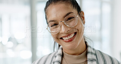 Buy stock photo Business woman, face and office with a writer and a smile at creative agency ready for work. Portrait, happy and professional with glasses at a startup with writing career, confidence and job pride