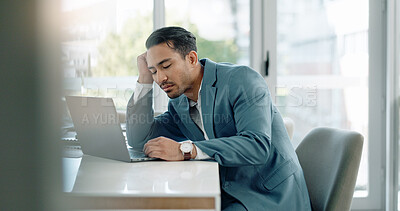 Buy stock photo Tired, sleeping and business man on computer with deadline, report and bad time management at office desk. Exhausted worker, employee or lawyer reading on his laptop with burnout, fatigue and stress