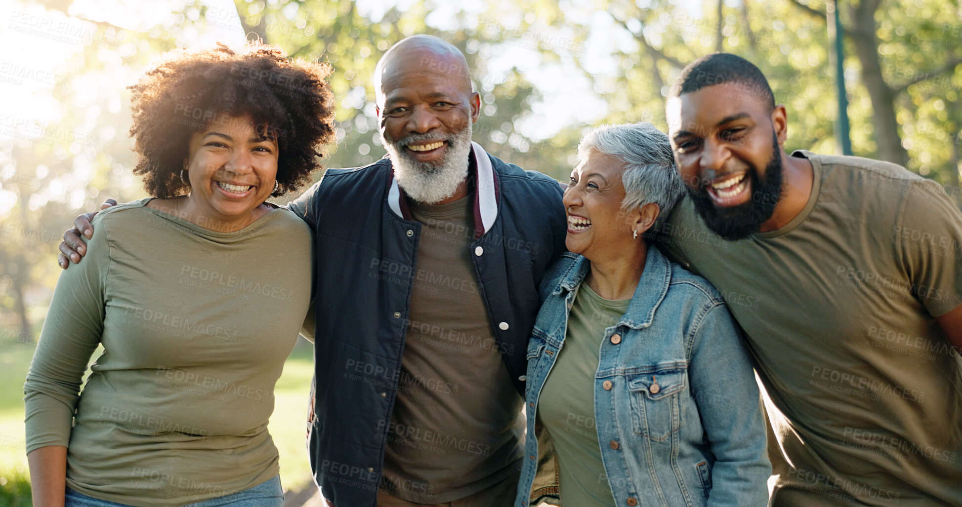 Buy stock photo Hug, portrait and group of people outdoor with collaboration, teamwork and solidarity for charity work. Huddle, green and volunteer or ngo in park with cooperation, community or together for donation