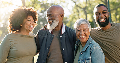 Buy stock photo Hug, volunteer or group in park, portrait or teamwork with collaboration, environment or support. Charity, people or friends with nature, cooperation or embrace for motivation, eco friendly or laugh