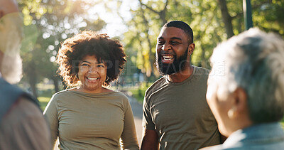 Buy stock photo Planning, volunteer and group in park, conversation and teamwork with collaboration, future and support. Charity, people or friends with nature, cooperation or smile with motivation or discussion