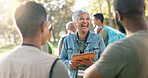 Park, woman and laugh planning with tablet for volunteer support, community project or nature sustainability. Humanitarian, recycling or senior leader in charity service or NGO for pollution cleanup