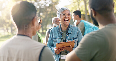 Buy stock photo Park, woman and laugh planning with tablet for volunteer teamwork, community project or nature sustainability. Humanitarian, recycling or senior leader in charity service or NGO for pollution cleanup