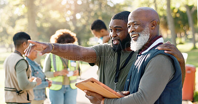 Buy stock photo Park, people and volunteers planning with tablet for support, community project or nature sustainability. Humanitarian, recycling or senior leader in charity service or NGO for pollution cleanup