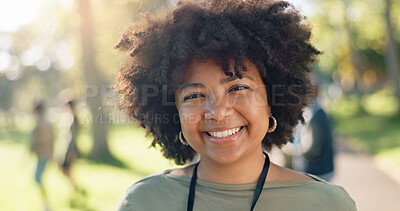 Buy stock photo Black woman, portrait and happy in park for charity, volunteer and community service work with donation. African person, smile and green outdoor for project, change or sustainability with NGO support