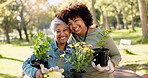 Volunteer, teamwork and portrait of women with plants at park for gardening, earth day or sustainability in nature. Smile, people and flowers for community service, environment and support at charity