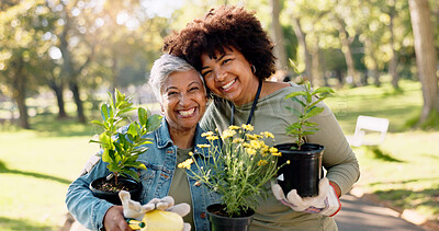 Buy stock photo Volunteer, teamwork and portrait of women with plants at park for gardening, earth day or sustainability in nature. Smile, people and flowers for community service, environment and support at charity