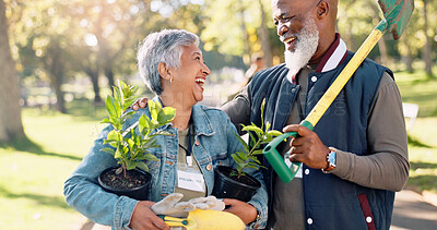 Buy stock photo Outdoor, cleaning and environment with volunteer, man and woman with sunshine, spade and spring. People, charity and equipment for eco friendly, community service and ecology for growth or teamwork