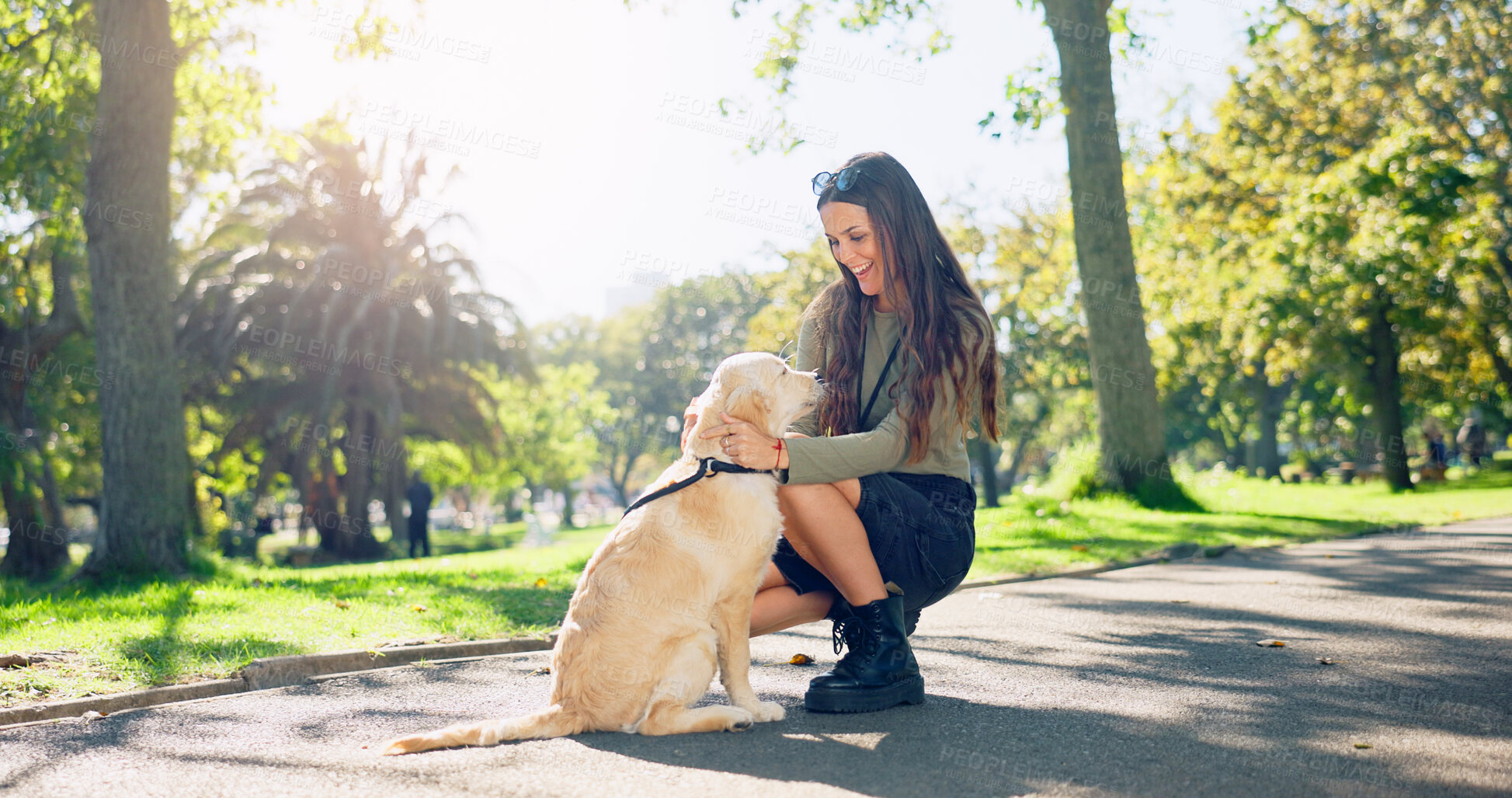 Buy stock photo Park, friends and woman with dog in nature for walking, playing and training outdoors together. Volunteer, animal rescue and happy person with pet Labrador for behavior, bonding and fun together