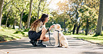 Happy woman, dog and park with friendship, bonding and wellness, travel and journey on island. Female person, cheerful and pet care with walk, fresh air in outdoor on path in nature for training
