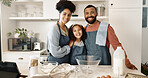 Family, child and baking in kitchen portrait, cooking and learning together with parents in apartment or culinary skills. Food, treat and girl preparation and home, love and childhood development