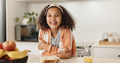 Child, portrait and kitchen for lunch sandwich or orange juice for development, nutrition or morning. Girl, kid and smile at home counter for healthy wellness for fiber snack or wheat, bread or drink