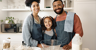 Buy stock photo Family, child and baking portrait in home, cooking and learning together with parents in apartment for culinary skills. Food, ingredients and preparation for bonding, love and childhood development