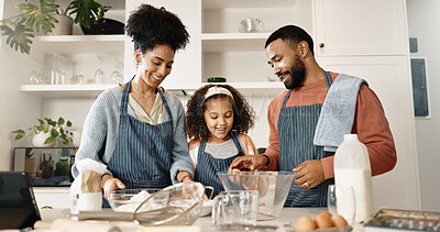 Buy stock photo Family, child and baking in kitchen or home, cooking and learning together with parents in apartment or culinary skill. Food, treat and girl preparation, love and childhood development and growth