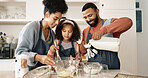 Family, child and bake in kitchen or home, cooking and learning together with parents in apartment or culinary skills. Food, treat and girl preparation and mixing, love and childhood development