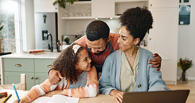 Buy stock photo Family, hug and love in home with homework in dining room for remote work, online course and bonding with smile. Parents, girl child and laptop with embrace for elearning, education and study support