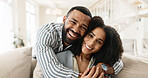 Couple, portrait and hug or relax on couch for date night or weekend break, romance and happiness with love or commitment. Man, woman and bonding on sofa in new apartment or home, affection and care.