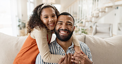 Father, child and portrait hug in home or morning bonding for trust, together or connection. Man, daughter and love embrace on living room sofa for safety comfort or parent cuddle, family or relax