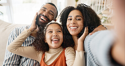 Parents, child and selfie on couch for portrait with love or care, relax and family bonding for memory or connection. Mom, dad and girl together in home for comfort or safety on weekend, hug and joy.