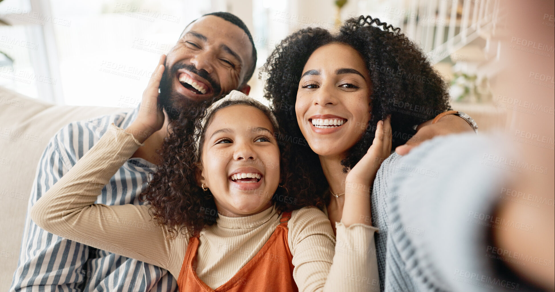 Buy stock photo Parents, child and selfie on couch for portrait with love or care, relax and family bonding for memory or connection. Mom, dad and girl together in home for comfort or safety on weekend, hug and joy.