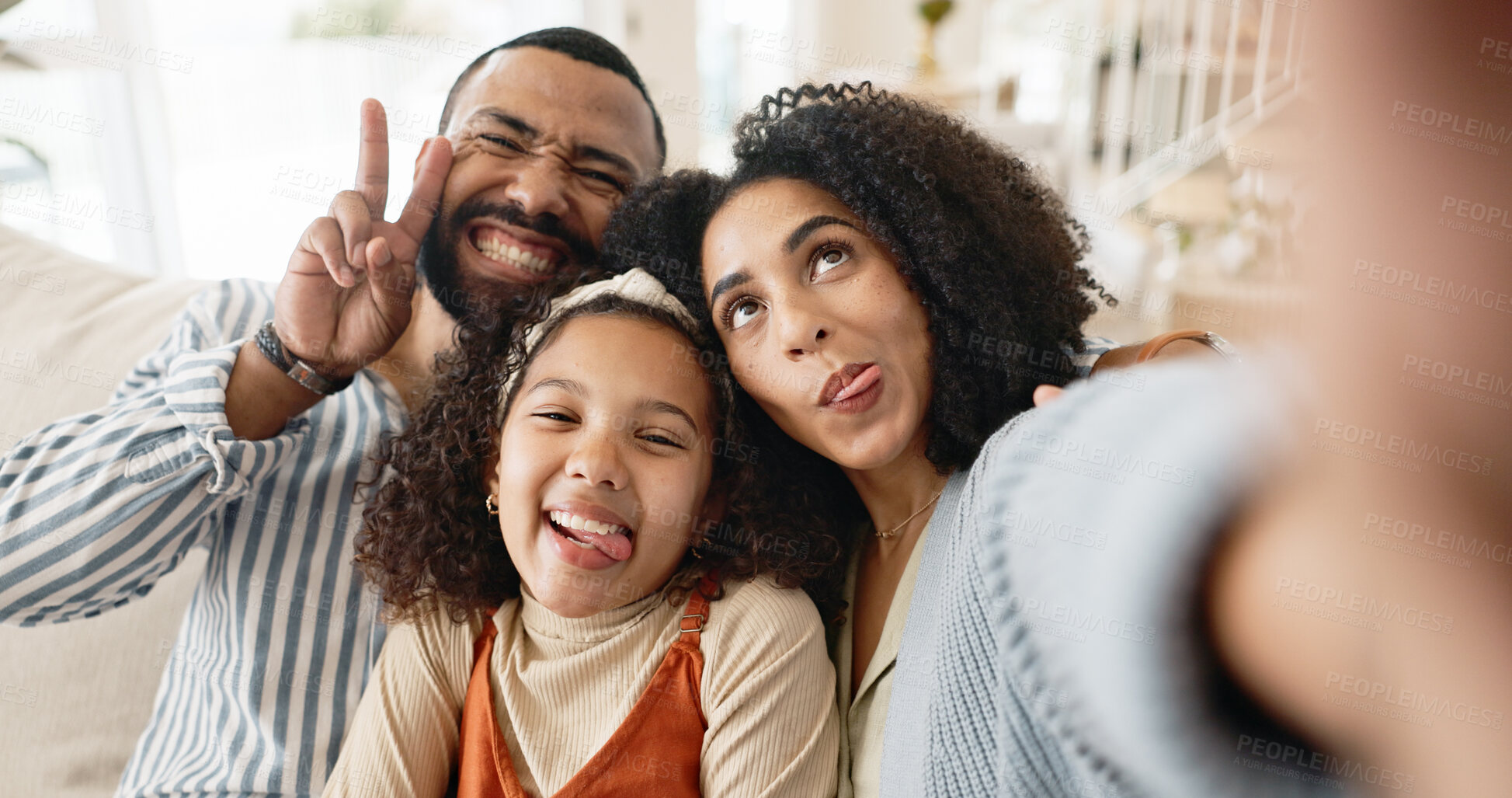 Buy stock photo Selfie, peace sign and family in home with love for social media post, happy memory together and support. Man, woman and daughter in house with emoji face for funny picture or live streaming