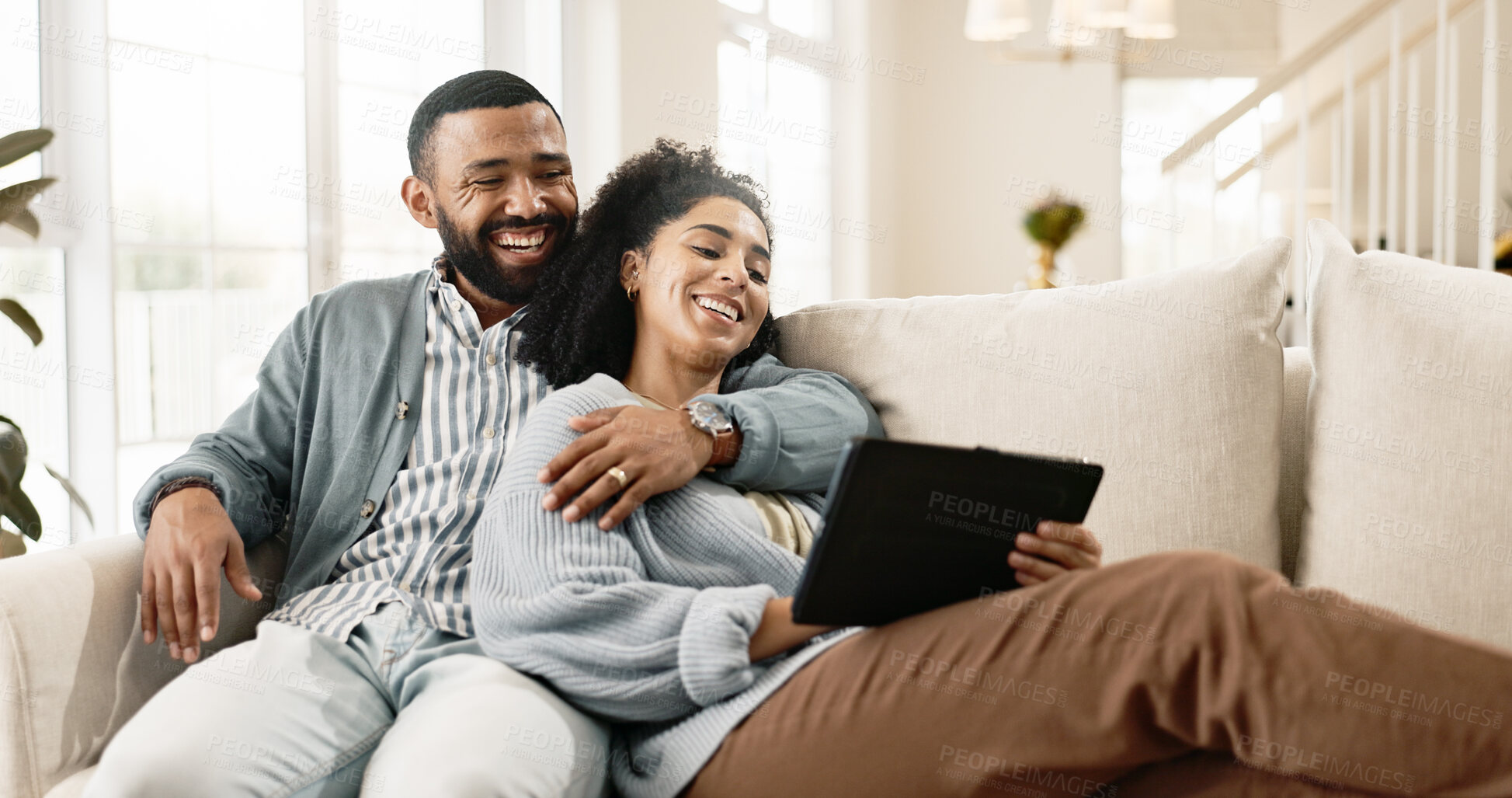 Buy stock photo Couple, love and internet on sofa with tablet on streaming application for home entertainment, subscription and movies. Man, woman and together in house with technology on couch for online videos.